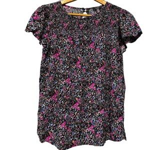 Black Floral Short Sleeve Blouse Pink Purple Ditsy Print Casual Top Medium